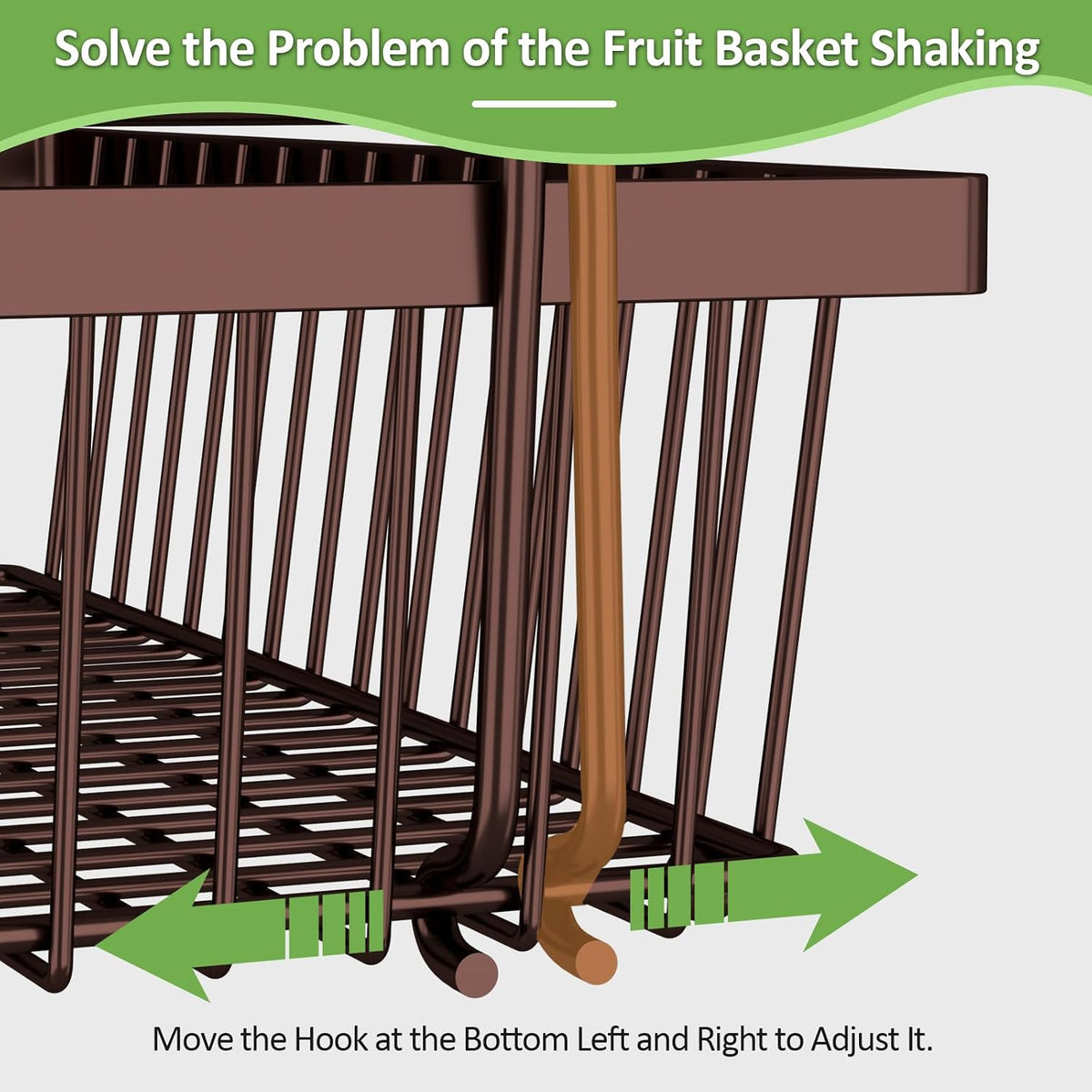 2 Tier Fruit Basket for Kitchen Counter with 2 Banana Hangers, Countertop Metal Bread Basket with Wooden Handle, Large Storage Stand for Vegetables, Snacks, Eggs, Produce Storage – Brown
