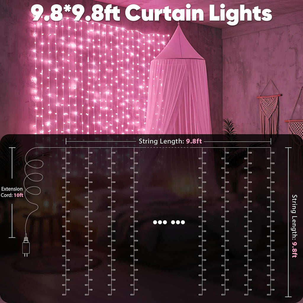 suddus Curtain Lights for Bedroom, 300 Led 9.8ft x 9.8ft Hanging String Lights Outdoor, Fairy Curtain Lights for Backdrop, Window, Wall, Wedding, Party,Birthday Decoration,Pink