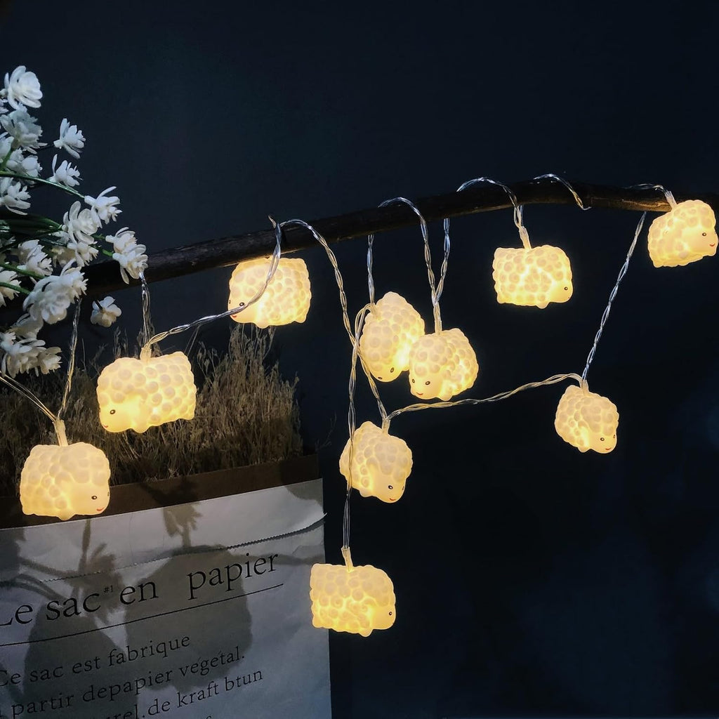 Cute Painted Sheep Night Light LED Sheep Ornaments String Lights White Sheep Fairy Light Battery Powered Indoor Outdoor Party Decor Night Light (20LED, White Sheep)