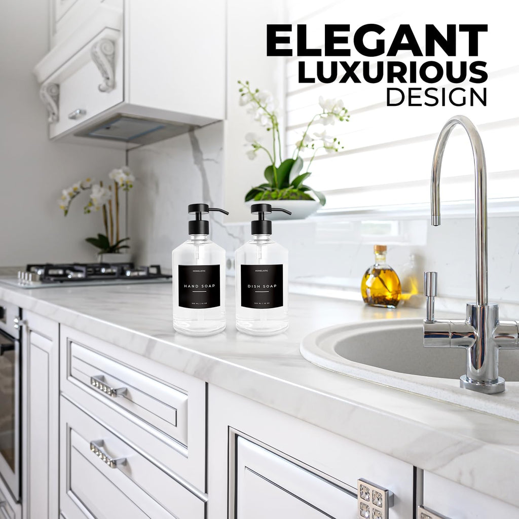 Luxury Glass Soap Dispenser Set of 2 - Elegant Clear Glass Bottles with Matte Black Stainless Steel Pumps, Kitchen Soap and Bathroom Hand Soap Dispenser, Perfect Pump All Homes.