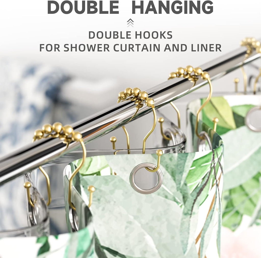 Bathway Gold Shower Curtain Hooks, Shower Curtain Hook Shower Curtain Rings Rust Proof Smooth Double Shower Curtain Hooks, Shower Hooks for Shower Curtain Bathroom Shower Rod Hook 12 Pcs