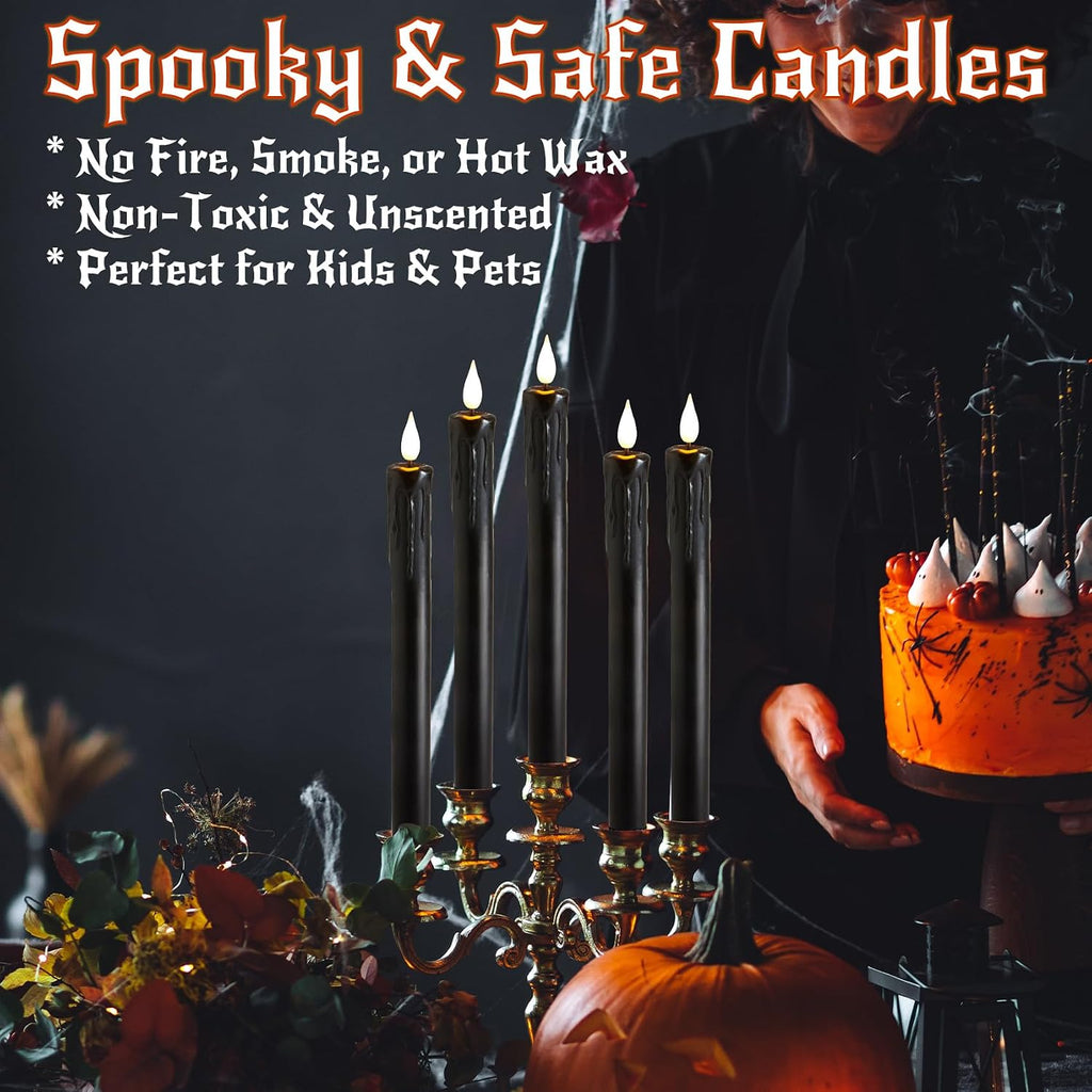 Halloween Decor, Wax Drip Black Flameless Taper Candles with Remote, 6 Pack