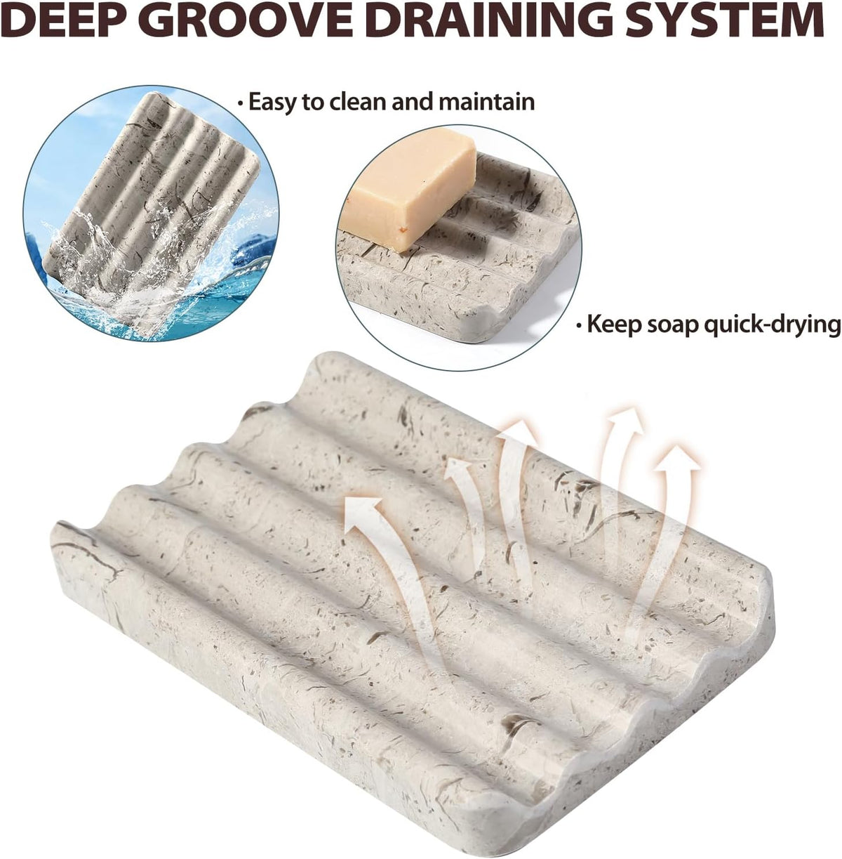 Koville Natural Grey Marble Soap Dish for Shower, Stone Soap Tray for Bathroom, Gray Bar Soap Holder for Sink, Stripe Grooves Soap Saver Stone Dish Keep Bars Dry Easy Clean