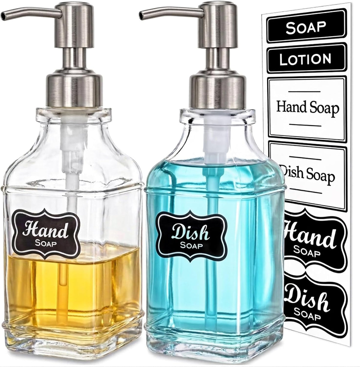 JASAI 2Pack Hand&Dish Glass Soap Dispenser with Rust Proof Pump & Stickers