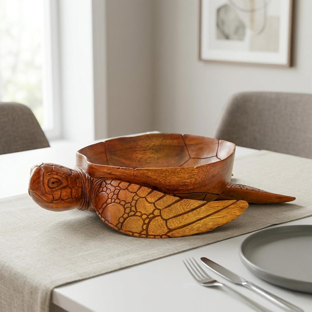 Wooden Hand Carved Turtle Bowl – Decorative Fruit Dish, Rustic Coastal Ocean-Inspired Tabletop Centerpiece, Handmade Animal Shaped Wood Serving Tray, Artisan Beach House Decor Accent Turtle Bowls