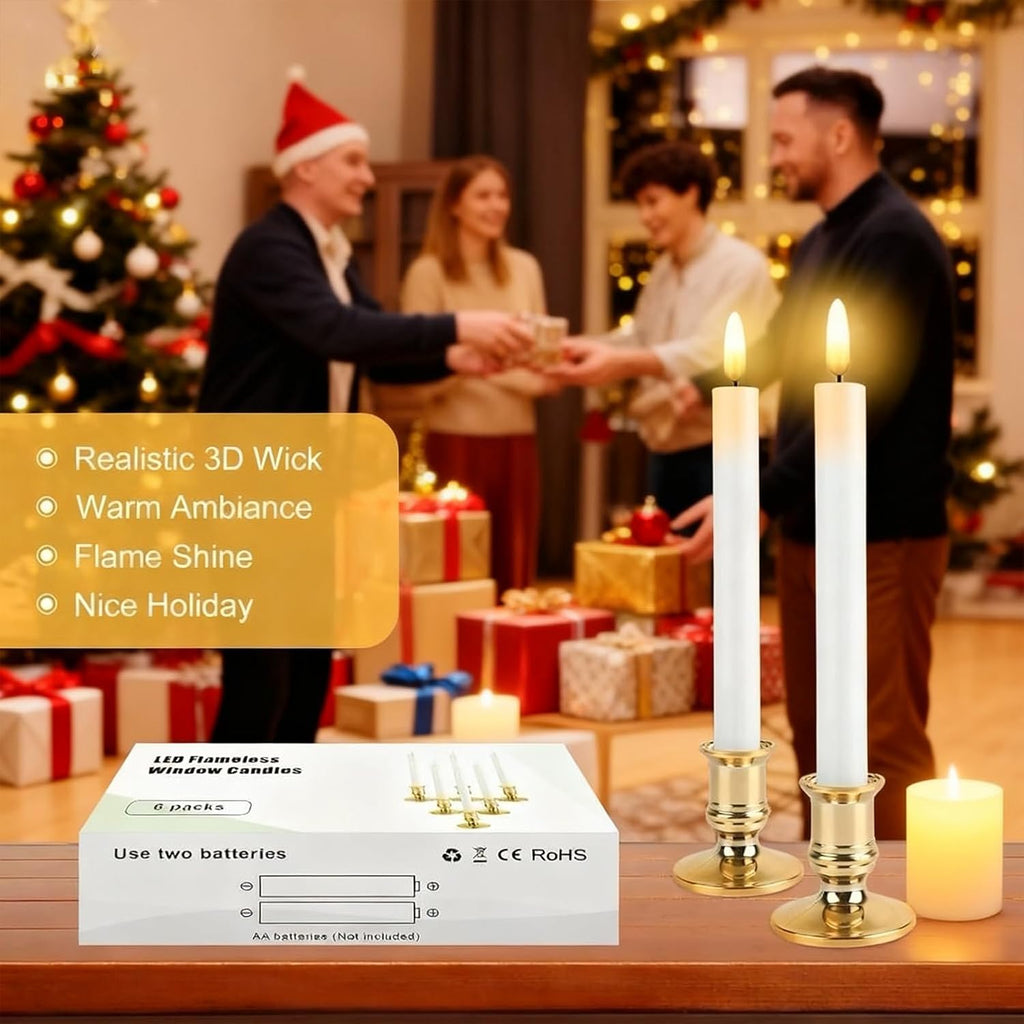 Christmas Window Candles, 6 Pcs Battery Operated Flameless Taper Candles with Remote, Timer, 3D Wick, Holders & Suction Cups for Christmas, Wedding, Halloween Decor