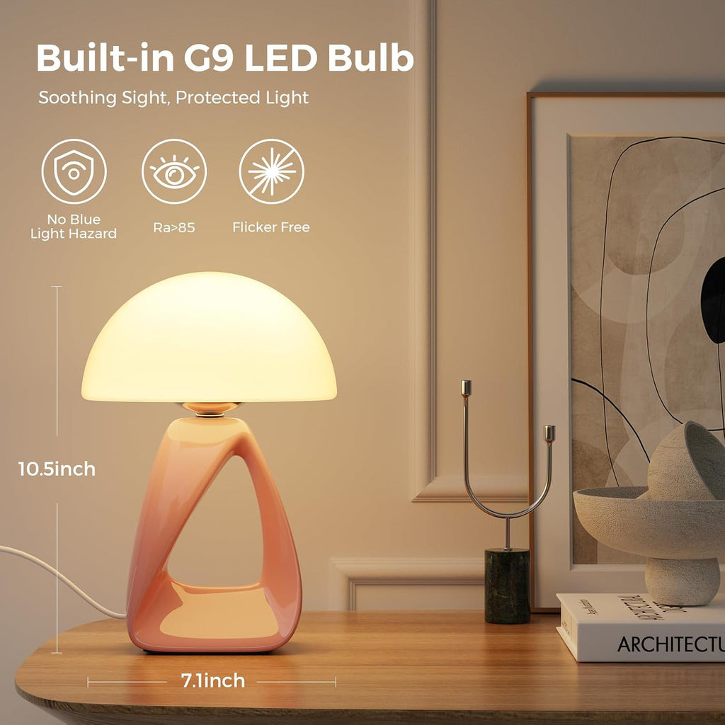 Mushroom Lamp, Small Table Lamp for Bedroom, Creative Geometric Ceramic Base Bedside Lamp, Mid Century Modern Side Table Lamp for Living Room Nightstand, Unique Aesthetic Home Decor Gift Ideas, Pink