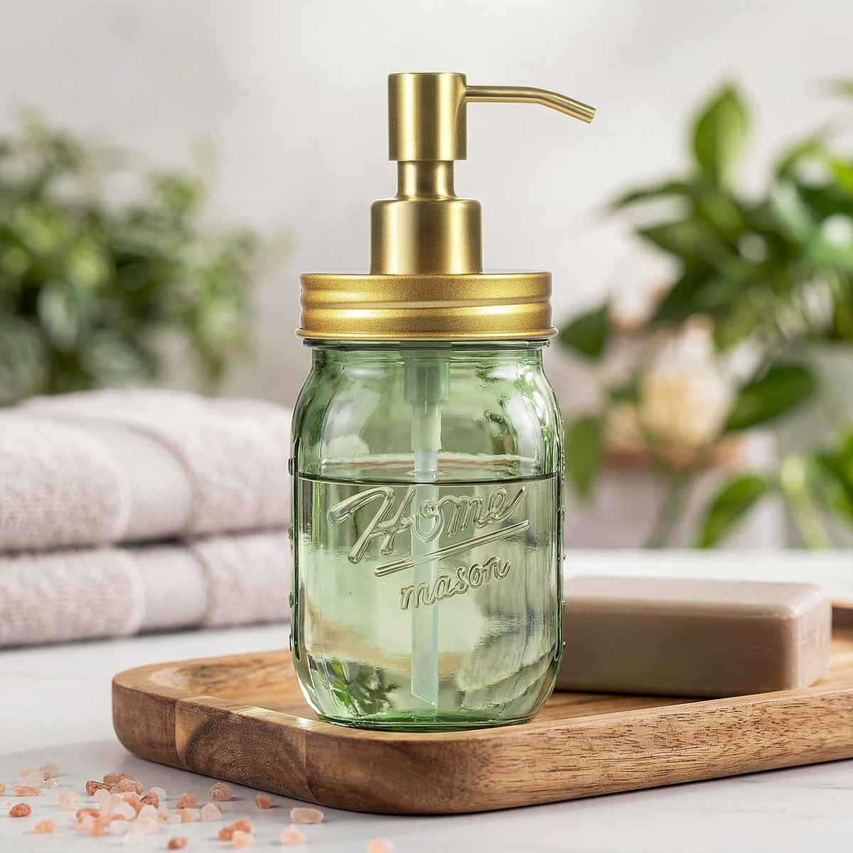 Amolliar Green Glass Mason Jar Liquid Soap Dispenser, 16OZ, Gold 2 Pack