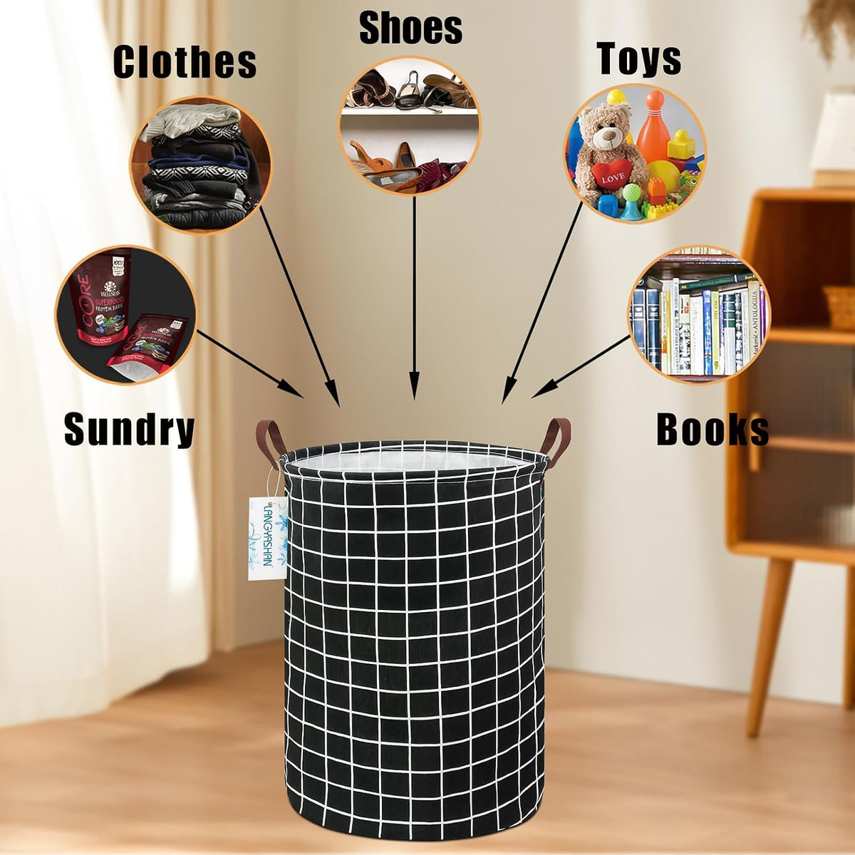 Round Laundry Basket Collapsible Storage Hamper Organizer Black Grid