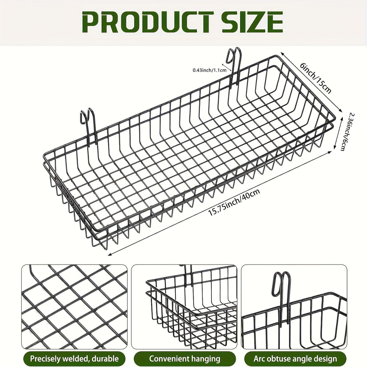 4 Pack Metal Grid Wall Baskets with Hooks, 15.75 x 6 x 2.36 Inch