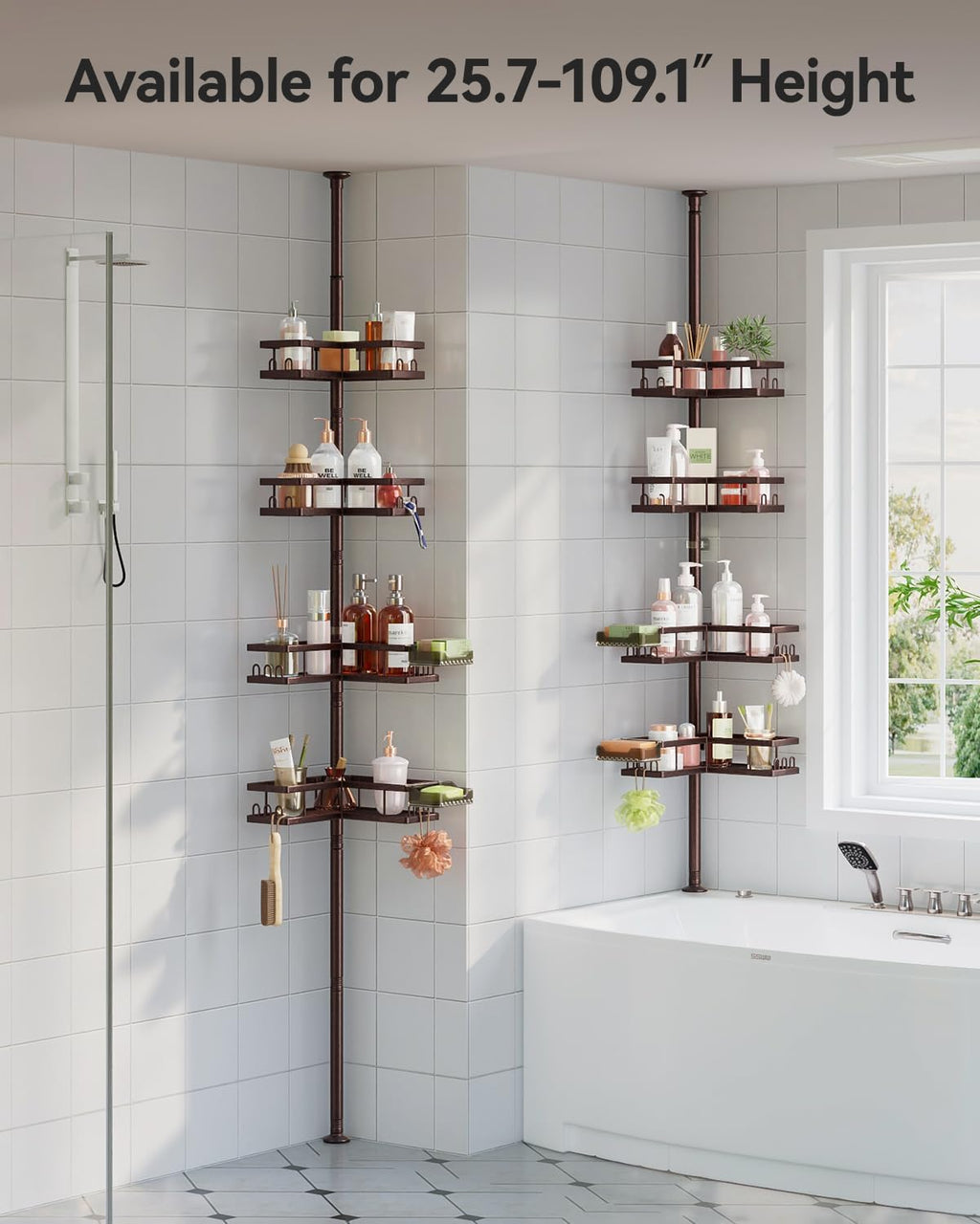 YASONIC Corner Shower Caddy Tension Pole, Adjustable Shower Shelves, Rust-Resistant Shower Organizer, No-Drill 3-Step Installation, Bathroom Shelves for Renters & Family, Bronze