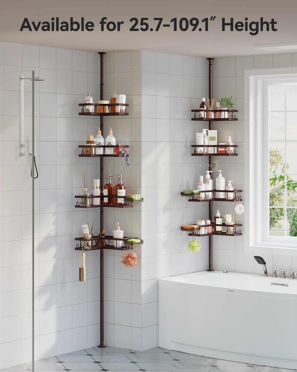 YASONIC Corner Shower Caddy Tension Pole, Adjustable Shower Shelves, Rust-Resistant Shower Organizer, No-Drill 3-Step Installation, Bathroom Shelves for Renters & Family, Bronze
