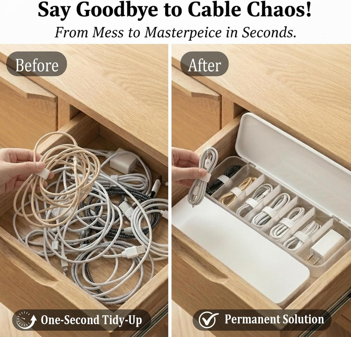 Cable Organizer Box with 7 Wire Ties, 1 Pack Desktop Cord Management Storage Case with Lid, 7 Compartments for Chargers Cables for Office Home Desk Accessories Cords (White)
