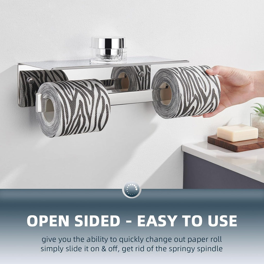 Angle Simple Double Toilet Paper Holder with Shelf, Polished Chrome