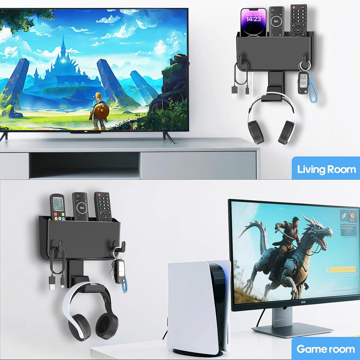 Kytok Adhesive Remote Control Holder Wall Mount with Headset Hanger, 3 in 1 Organizer TV/Fan Remote Caddy with Hook for Headphone, No Drill Controller Storage Bracket, Bed Wall Rack