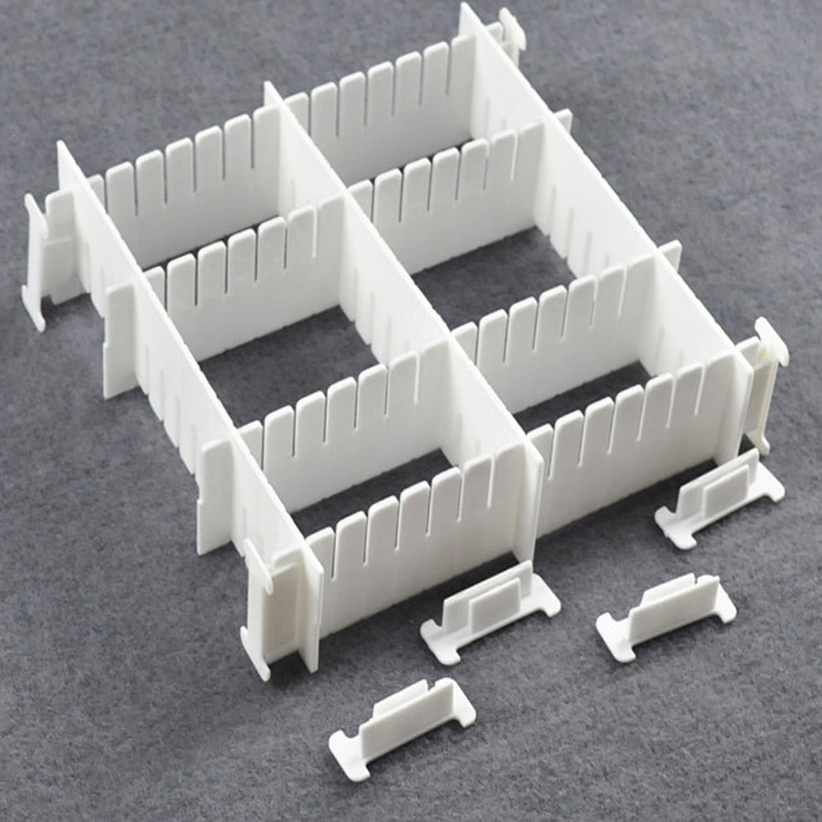 22 Pack Drawer Divider Clips Holder Plastic Mount Fixing Buckle Corner Angle Cross Connector Ends for Drawer Organizer Partition Grid Plates Separators Rail Box Installation (4 Types)