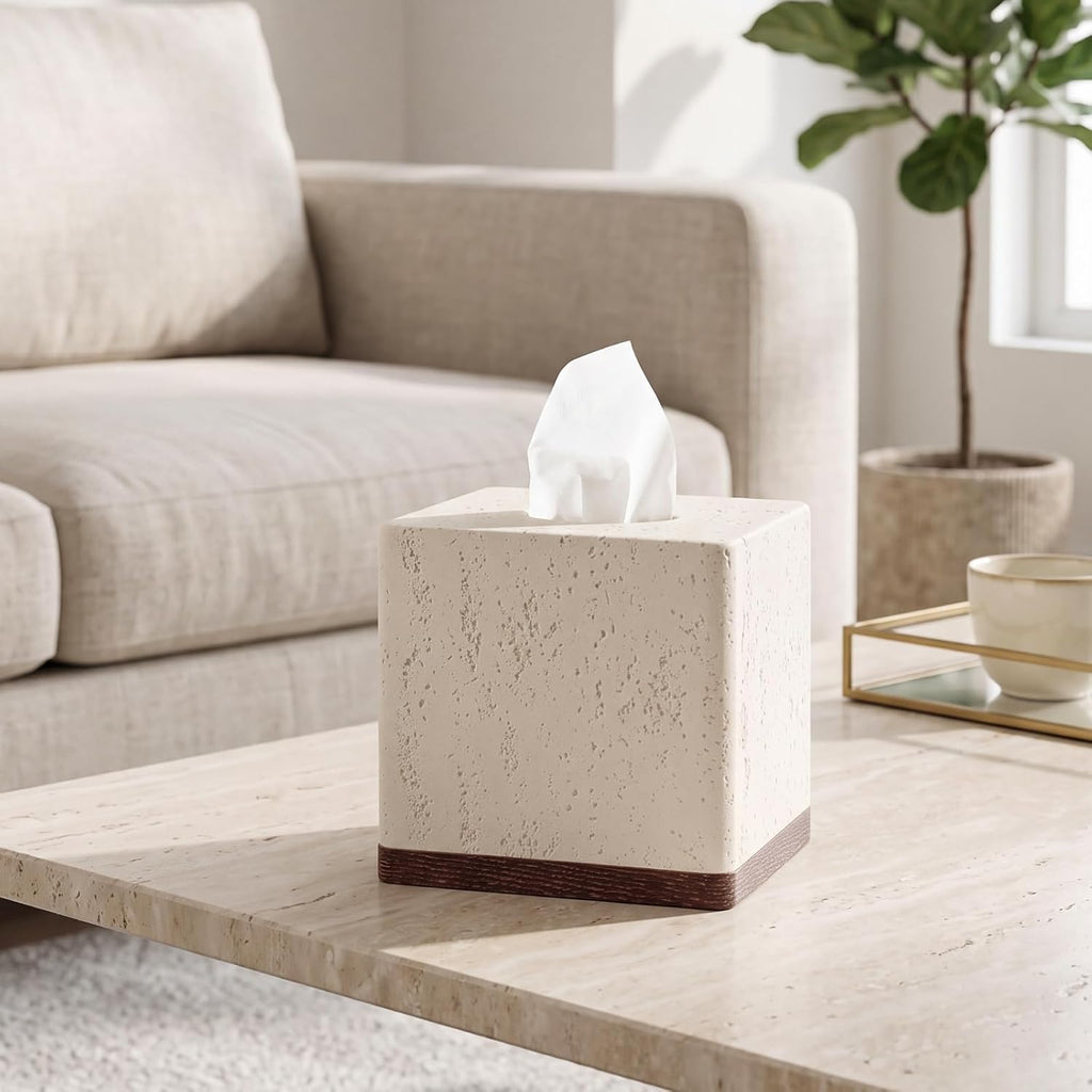 Tissue Box Cover Square, Modern Facial Tissue Holder, Off White Wooden