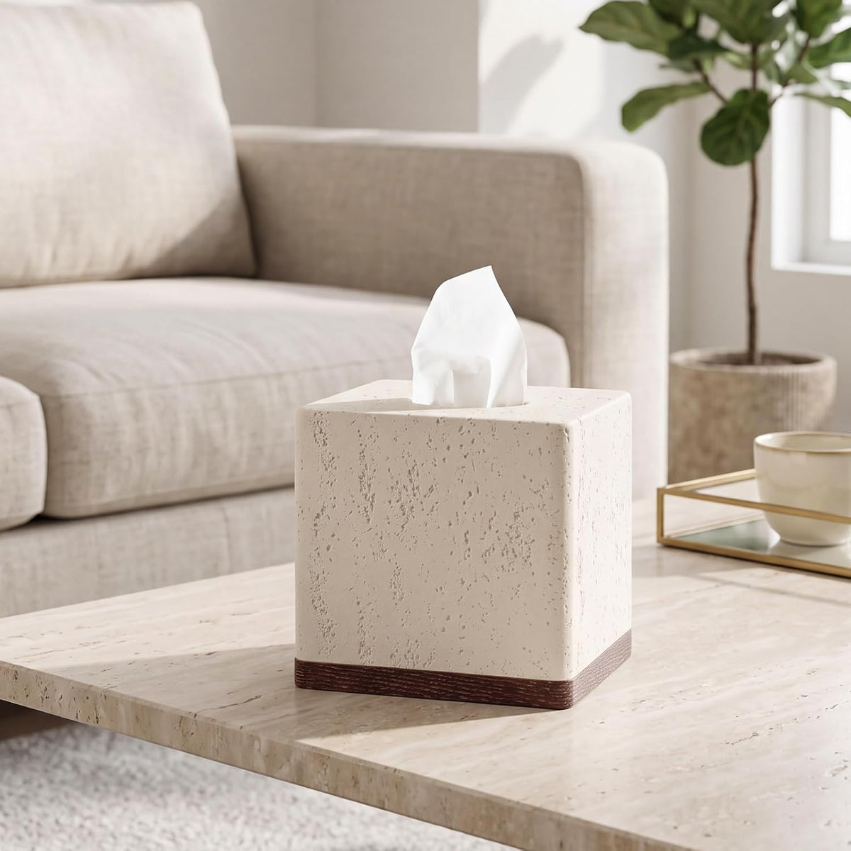 Tissue Box Cover Square, Modern Facial Tissue Holder, Off White Wooden