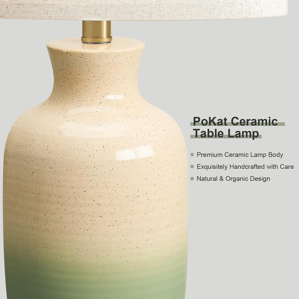 PoKat 24'' Farmhouse Living Room Lamp with Soft Ombre Finish, Modern Hand-Textured Table Lamps for Bedroom, Organic Bedside Lamps for Nightstand Office Guest Room Entryway Gift (Beige and Green)