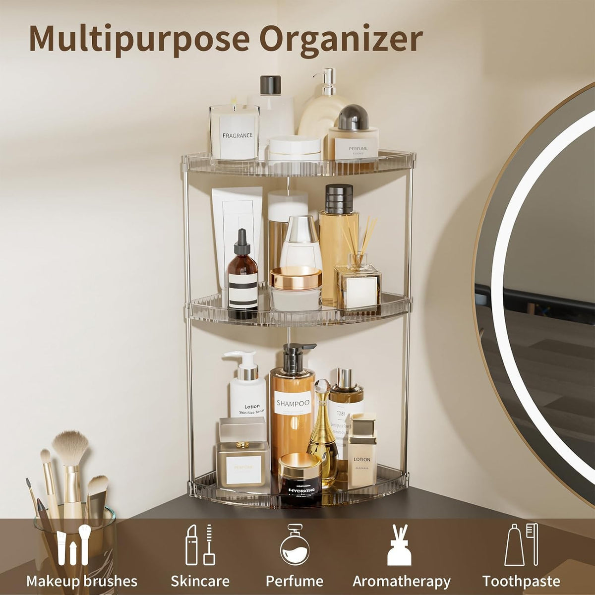 3 Tier Corner Bathroom Counter Organizer, Clear Vanity Makeup Storage Shelf