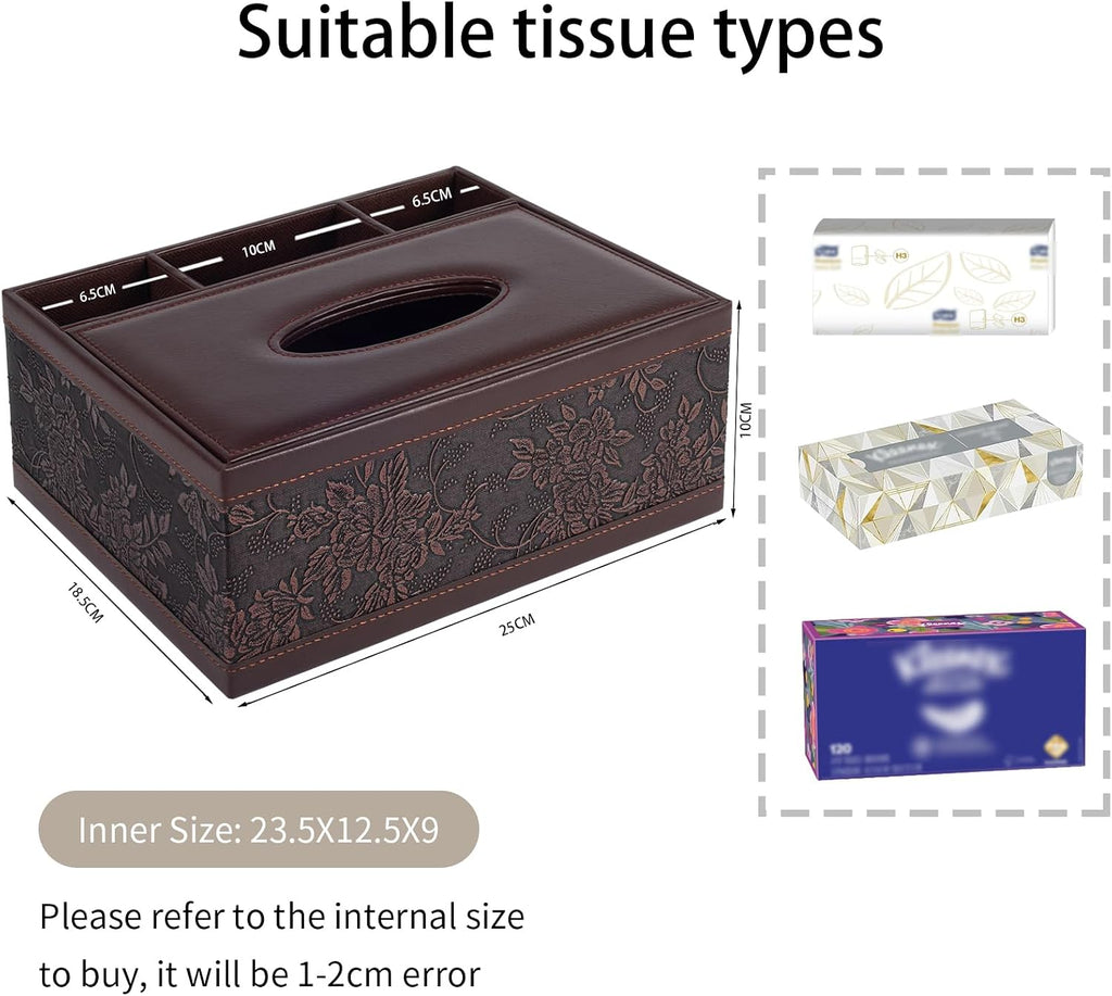 Tissue Box Cover Rectangle Retro Tissue Box Holder PU Leather Facial Tissues Organizer,Multifunctional Remote Control Stationery Storage Box,Home Office Supplies Car Napkin Caddy