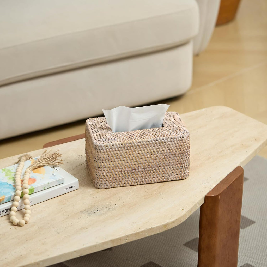 YANGQIHOME Rattan Tissue Box Cover, Rectangle Wicker Tissue Box Holder, Boho Facial Tissue Holder for Living Room, Bathroom, Kitchen, Bedroom, 10.2 x 6.2 x 5.3 inch, Whitewash