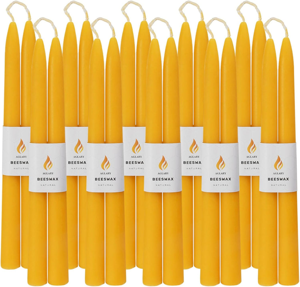 20-Pack 10" Natural Yellow Pure Beeswax Taper Candles, Dripless & Smokeless