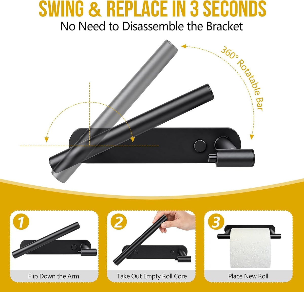 Self Adhesive or Screw in Black Toilet Paper Holder Wall Mount for Bathroom
