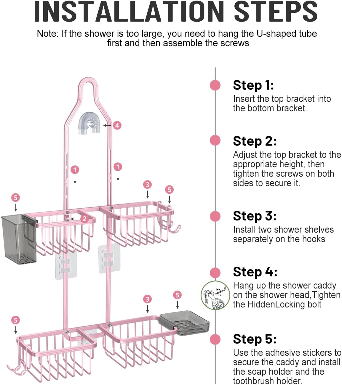 Adjustable Shower Caddy Hanging for Handheld Showerheads - Never Rust Shower Hanging Organizer, Upgraded Bathroom Shower Rack with Soap Basket, Hooks and Toothbrush Holder (Pink)