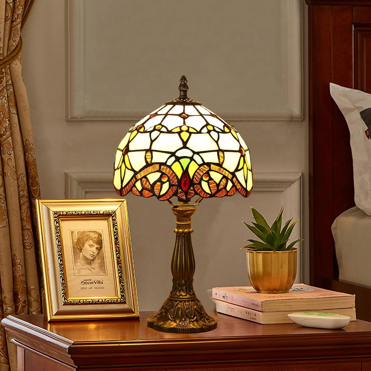 Tiffany Style Table Lamp, Baroque Style Stained Glass Lamp, 8 Inch Small Antique Lamp, for Bedside Nightstand Bedroom Living Room Home Office, Include LED Bulb