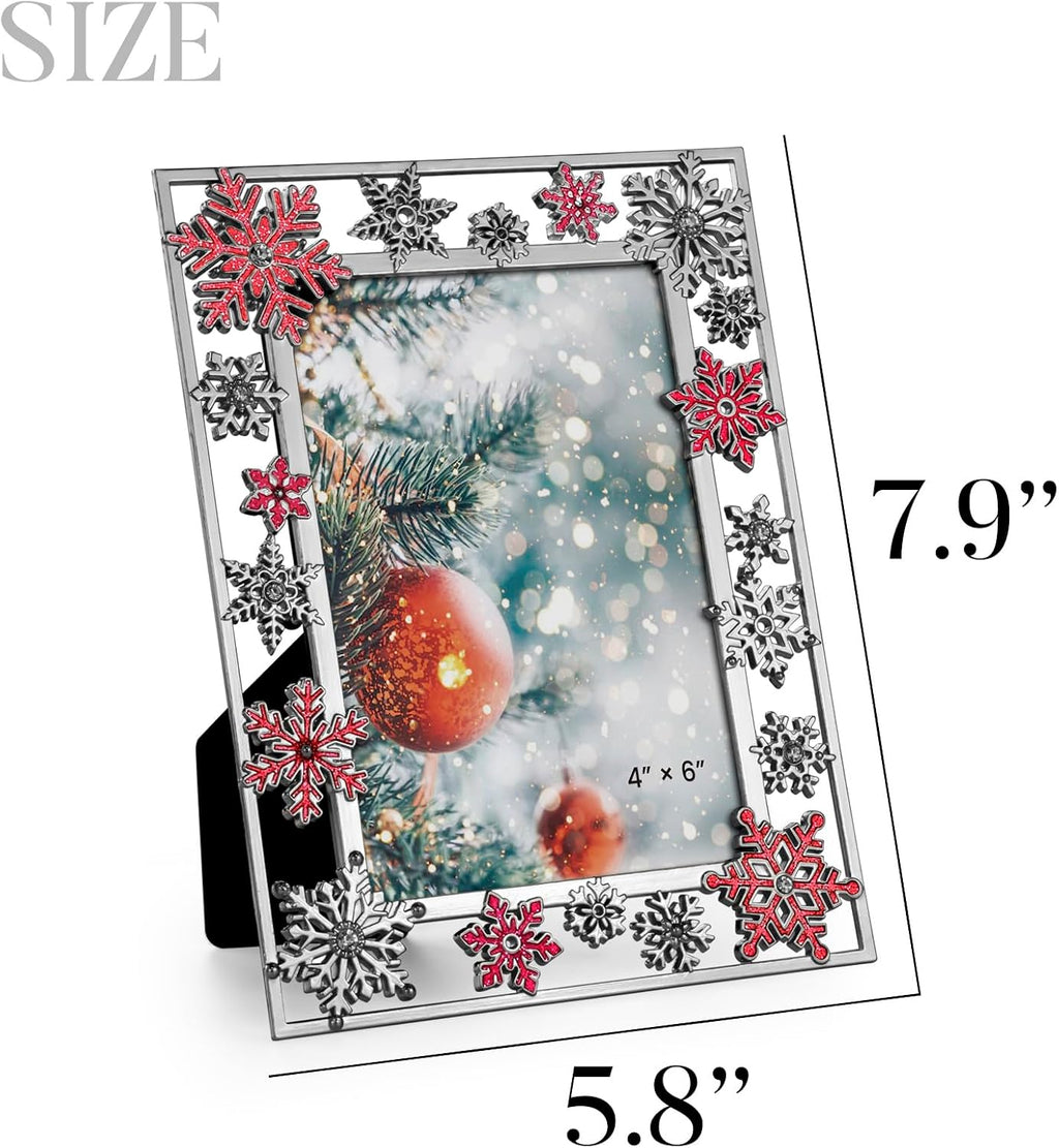 GUOER Christmas Decorations Photo Frame 4x6 Inch Snowflake Christmas Metal Photo Display Picture Photo Frames with High Definition Glass Front Gift Ideas Tabletop Home Decorative (Red)