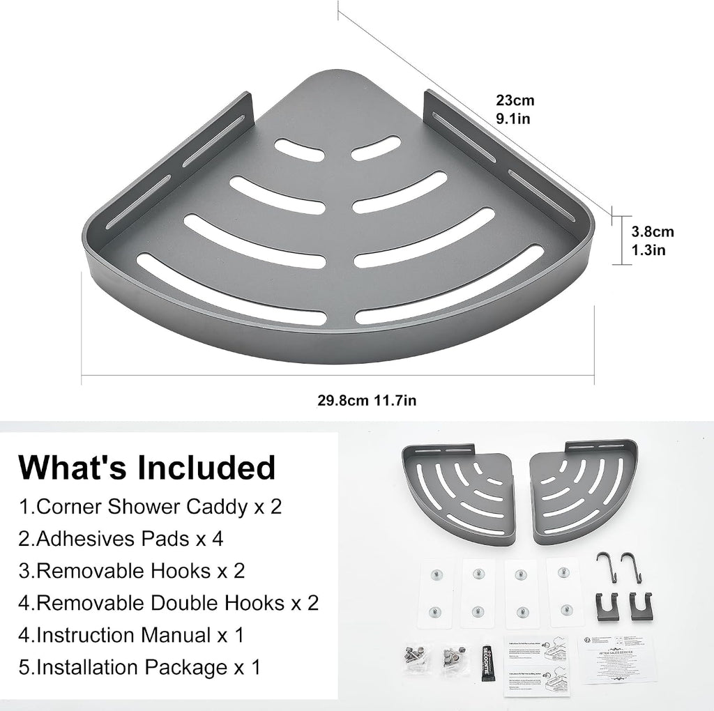 DUFU Adhesive Corner Shower Caddy with Hooks, Grey, 2 Pack