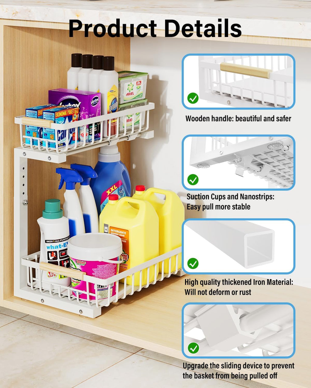 Under Sink Organizer Storage for Families: Pull Out Storage Undersink Organizers Drawer Cabinet - Sliding 2 Tier Rack Metal Organization Under Counter Kitchen Bathroom for Homemakers(White,1 Pack)