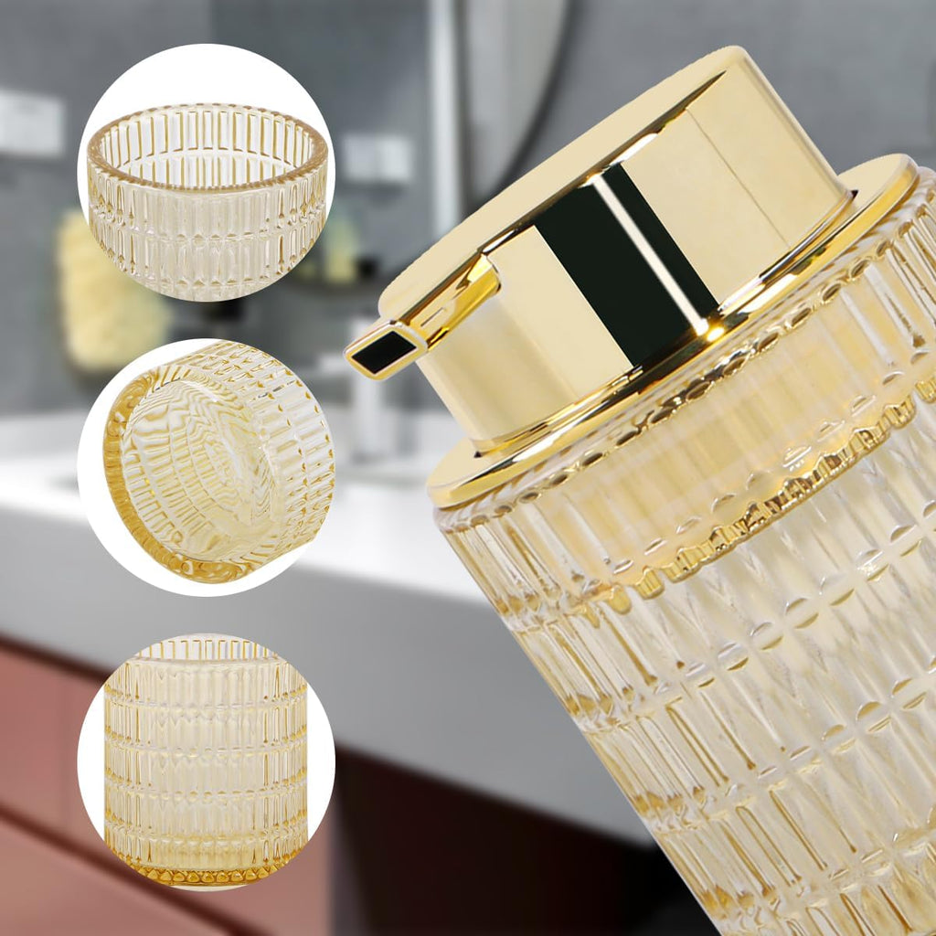 Foaming Soap Dispenser, Amber Glass Foam Soap Dispenser for Bathroom and Kitchen, 10 Oz Refillable Foaming Pump Bottle with Large Pump, Ribbed Bottle Container Decor
