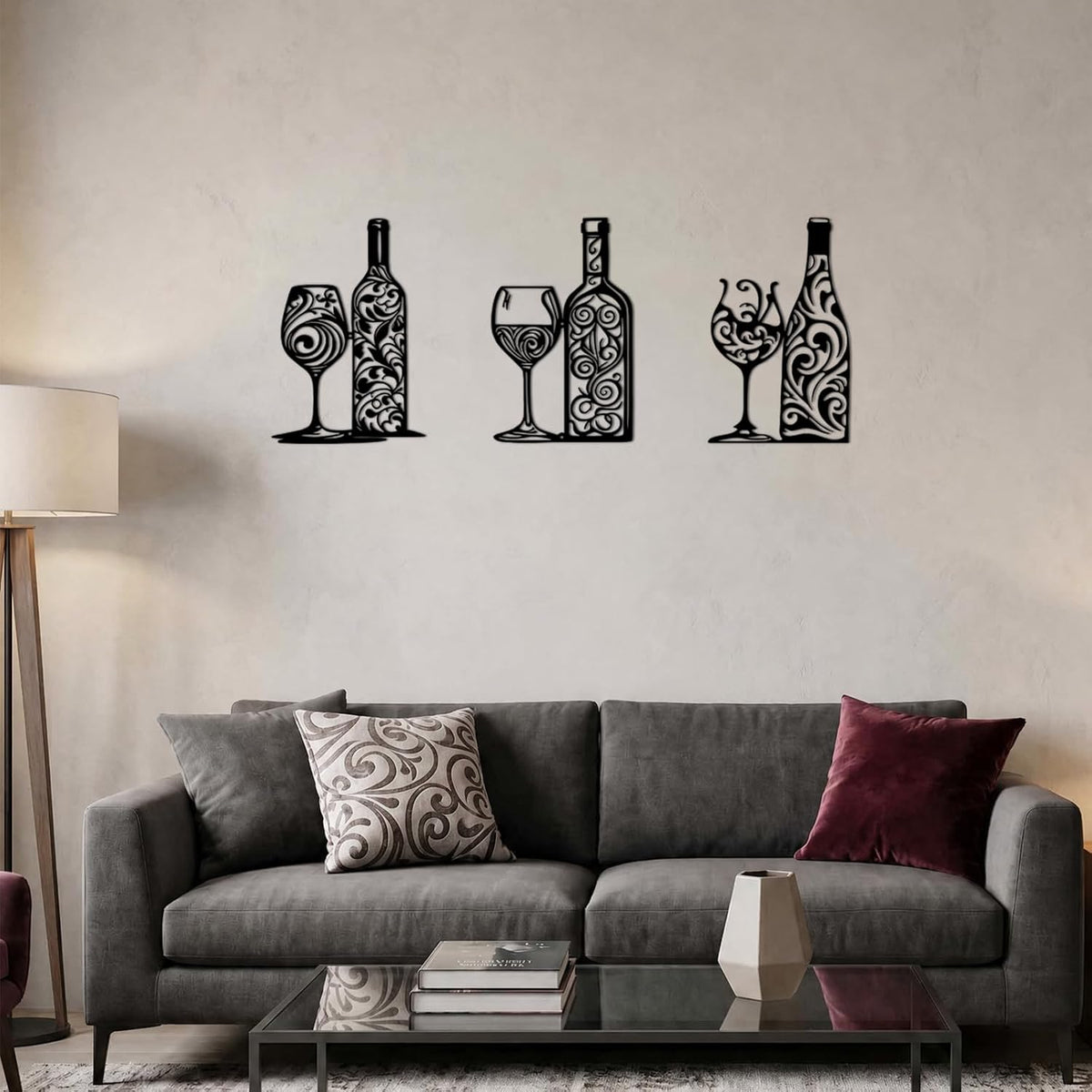 Otoolling 3 Pcs Wine Wall Art Black Metal Wine Sign 3 Style, Filigree