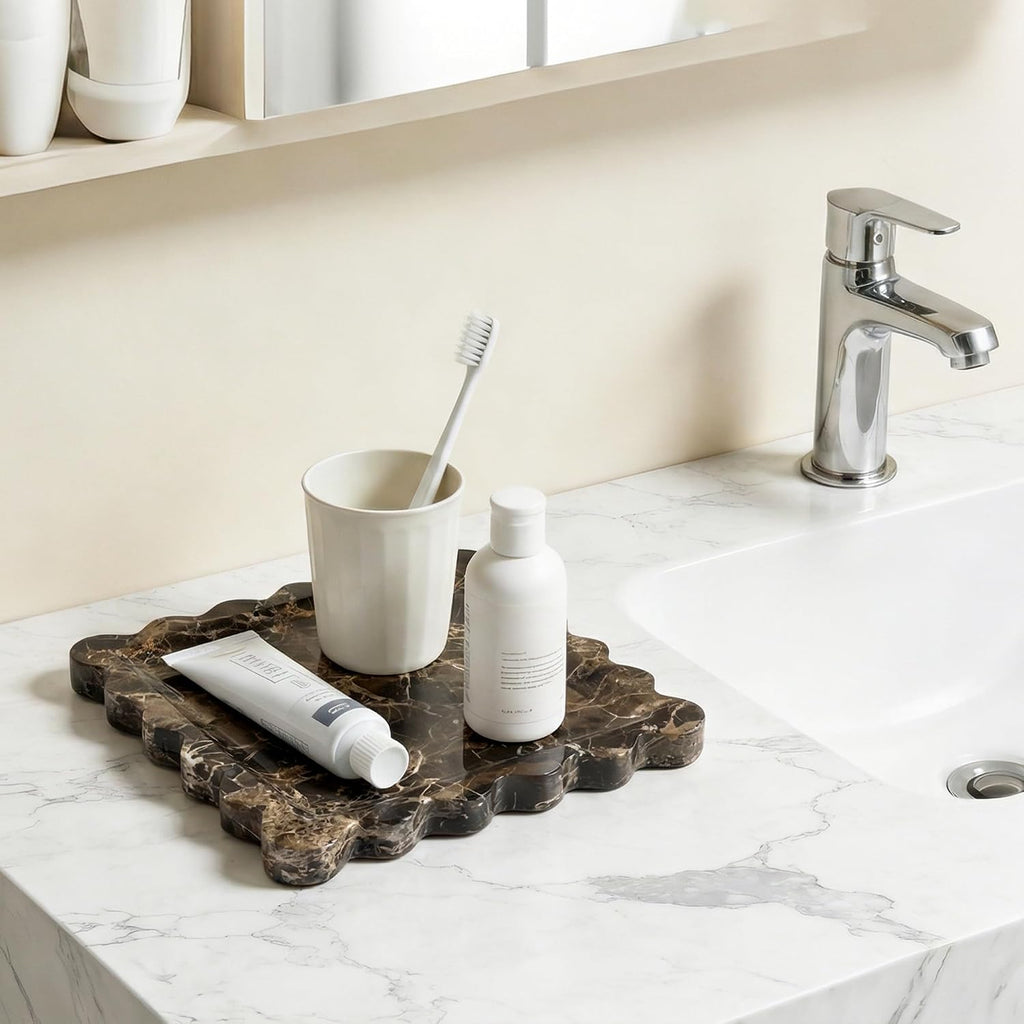 Scalloped Square Marble Decorative Tray, Natural Stone Vanity & Jewelry Tray, Trinket Organizer for Ring, Key, Dresser, Nightstand, Bathroom Counter & Kitchen Sink(Dark Brown Net)