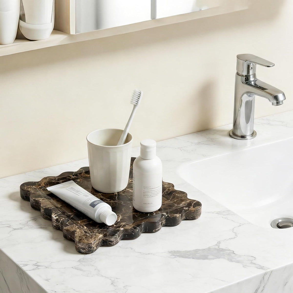 Scalloped Square Marble Decorative Tray, Natural Stone Vanity & Jewelry Tray, Trinket Organizer for Ring, Key, Dresser, Nightstand, Bathroom Counter & Kitchen Sink(Dark Brown Net)