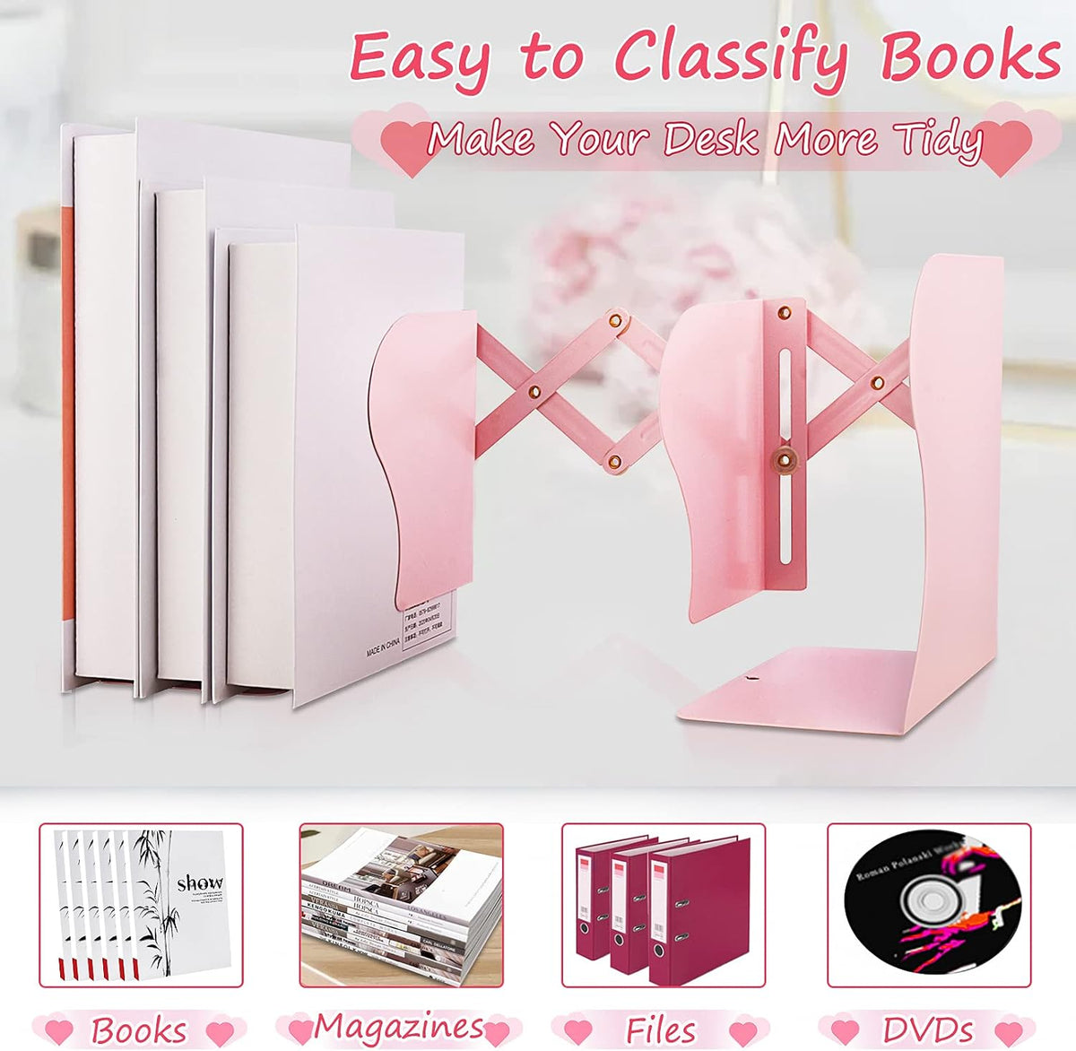 Non Skid Book Ends to Hold Books, Carooyac Heavy Duty Bookends Adjustable Book End, Metal Bookends for Shelves, Pink Book Holders Organizer for Bookshelf Desk - Extends up to 19"