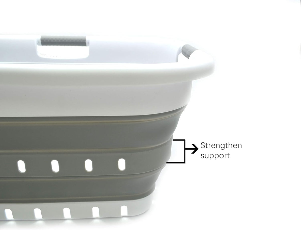 SAMMART 41L (10.8 gallon) Collapsible 3 Handled Plastic Laundry Basket - Foldable Pop Up Storage Container/Organizer - Portable Washing Tub - Space Saving (3 handled rectangular, White/Grey)