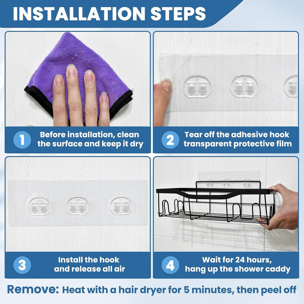 10 Pack Shower Caddy Adhesive Replacement, Shower Shelf Strong Adhesive Hooks, No Drilling, Transparent WaterProof Strips for Bathroom Shelves & Kitchen Racks