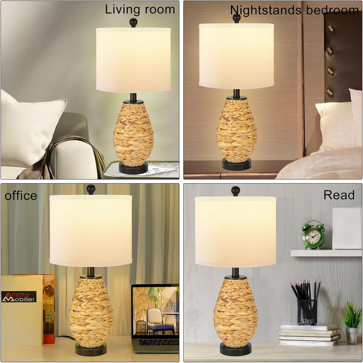 Coastal Table Lamps Set of 2, Retro Natural Seagrass Rattan Woven 25" Bedside Lamp, for Bedroom Living Room Home Nightstand Table Lamp(with USB C+A 5V 2.1A Charging Ports)