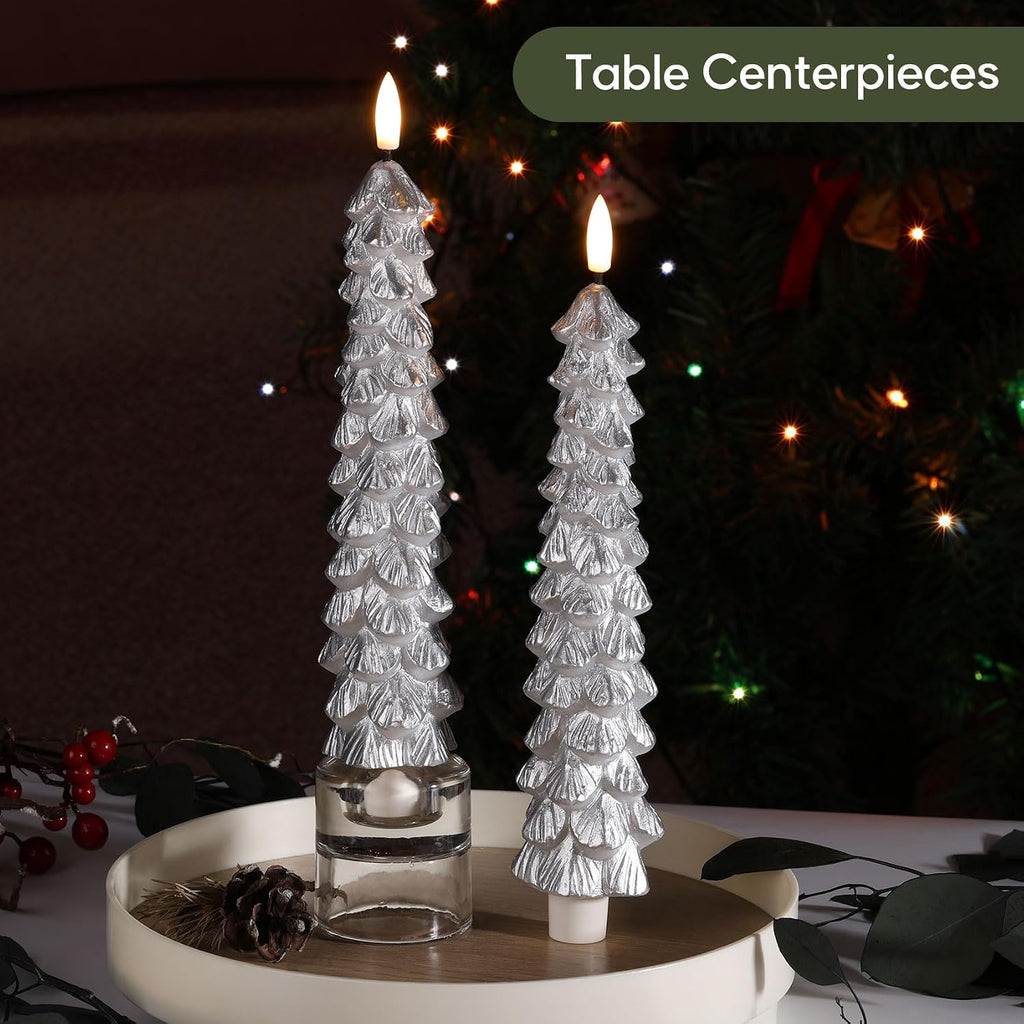 Eywamage Silver Christmas Tree Flameless Taper Candles with Remote Set of 2