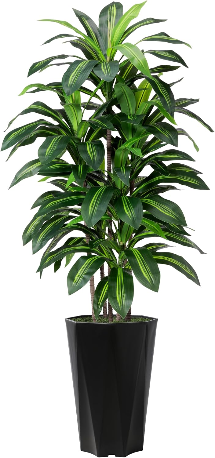 Artificial Dracaena Tree 5FT - Faux Plant with Black Diamond Planter - Tall Fake Tropical Yucca Floor Plant Potted - Artificial Silk Tree for Home Office Living Room Decor Indoor