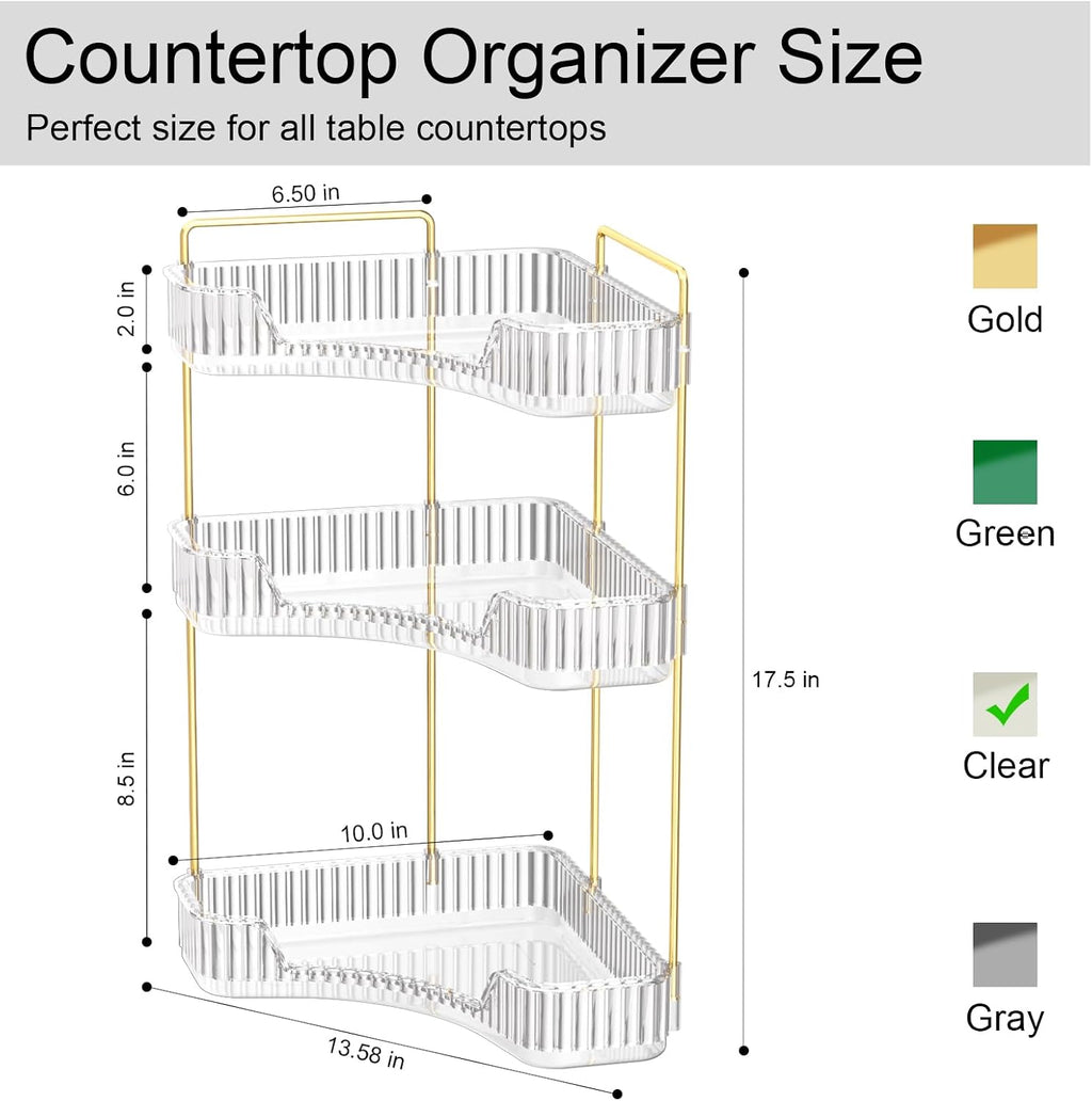 GTI 3-Tier Corner Bathroom Counter Organizer, Large Capacity Makeup Organizer Countertop, Perfume Cosmetics Skincare Vanity Organizers, Exquisite Countertop Storage for Women (Clear)