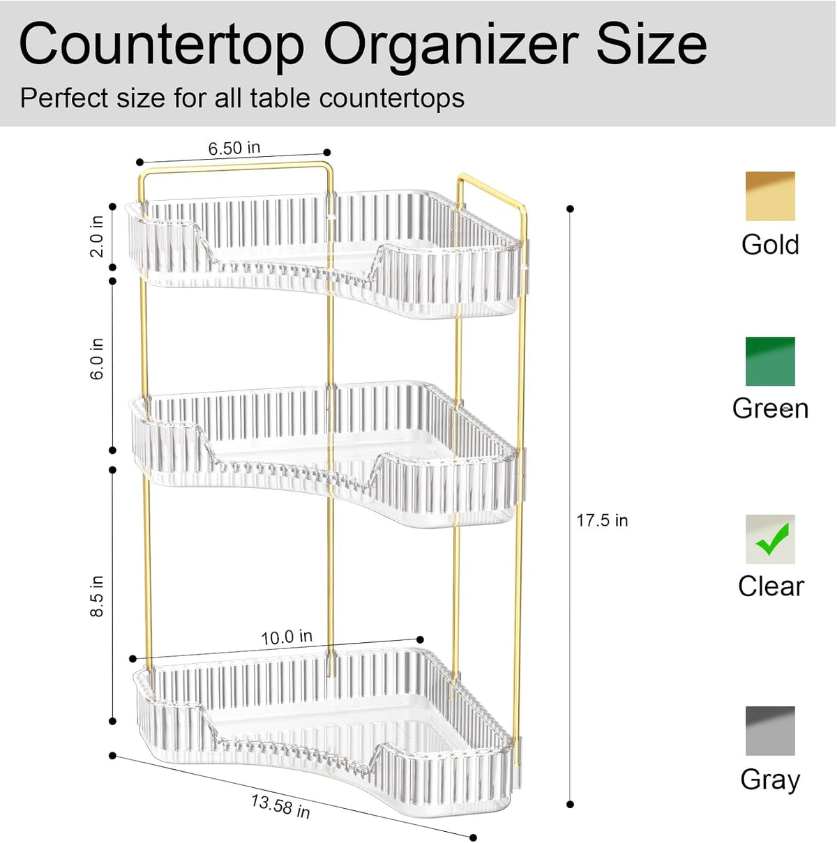 GTI 3-Tier Corner Bathroom Counter Organizer, Large Capacity Makeup Organizer Countertop, Perfume Cosmetics Skincare Vanity Organizers, Exquisite Countertop Storage for Women (Clear)
