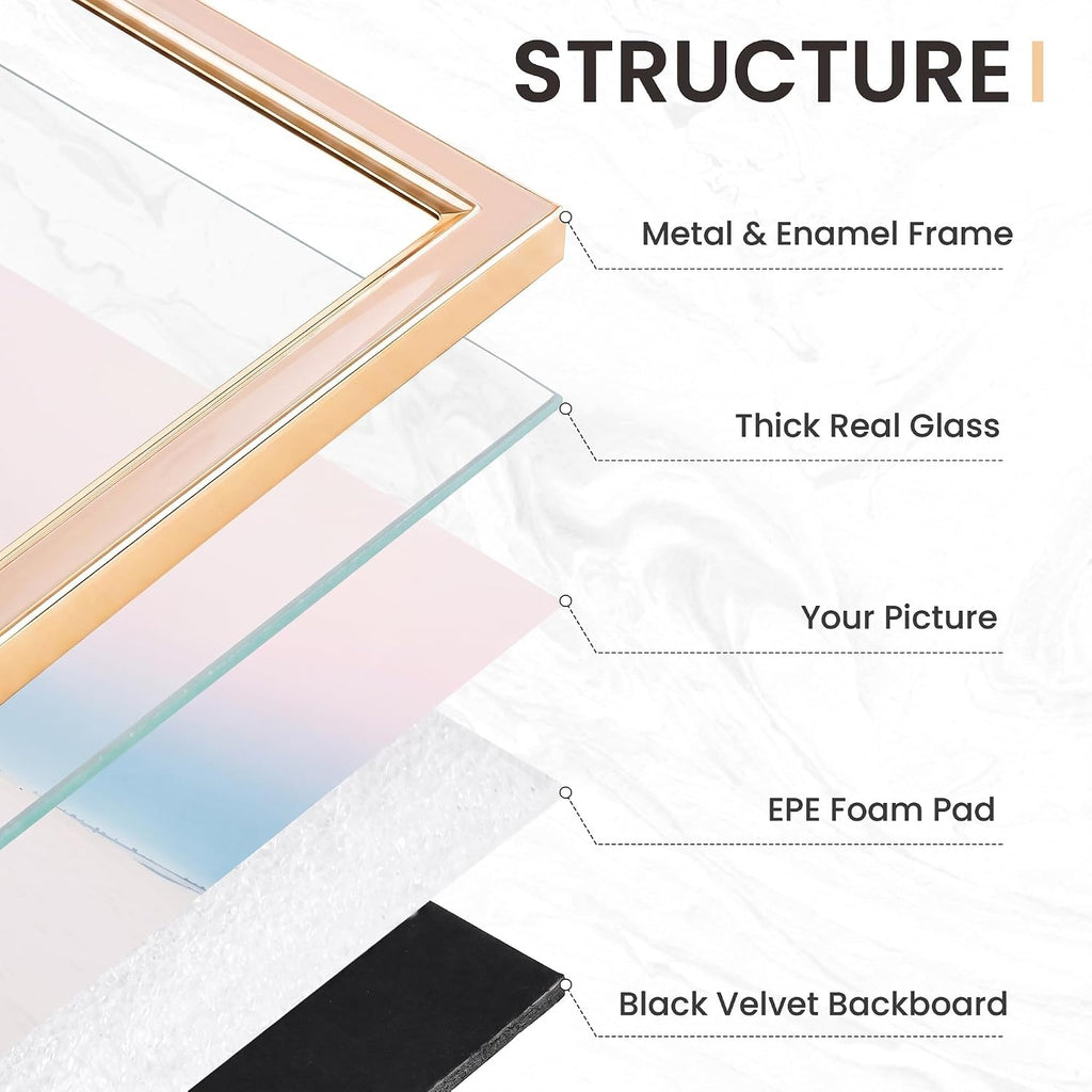 Venusmiles 4x6 Enamel Picture Frames with Tempered Glass, 1 Pack Pink Photo Frame with Gold Metal Edge, Horizontal and Vertical Display Pictures 4x6 for Wall and Tabletop, Bookshelf, Wall Decor