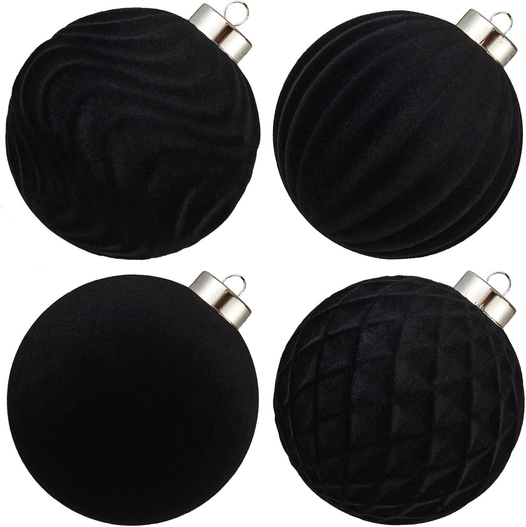 Large Velvet Christmas Ball Ornaments - 4 Inch Flocked Christmas Balls Shatterproof Decorative Hanging Ornaments Set for Xmas Tree Holiday Wedding Party Decor (Black, 4pcs)