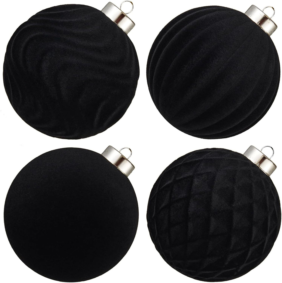 Large Velvet Christmas Ball Ornaments - 4 Inch Flocked Christmas Balls Shatterproof Decorative Hanging Ornaments Set for Xmas Tree Holiday Wedding Party Decor (Black, 4pcs)