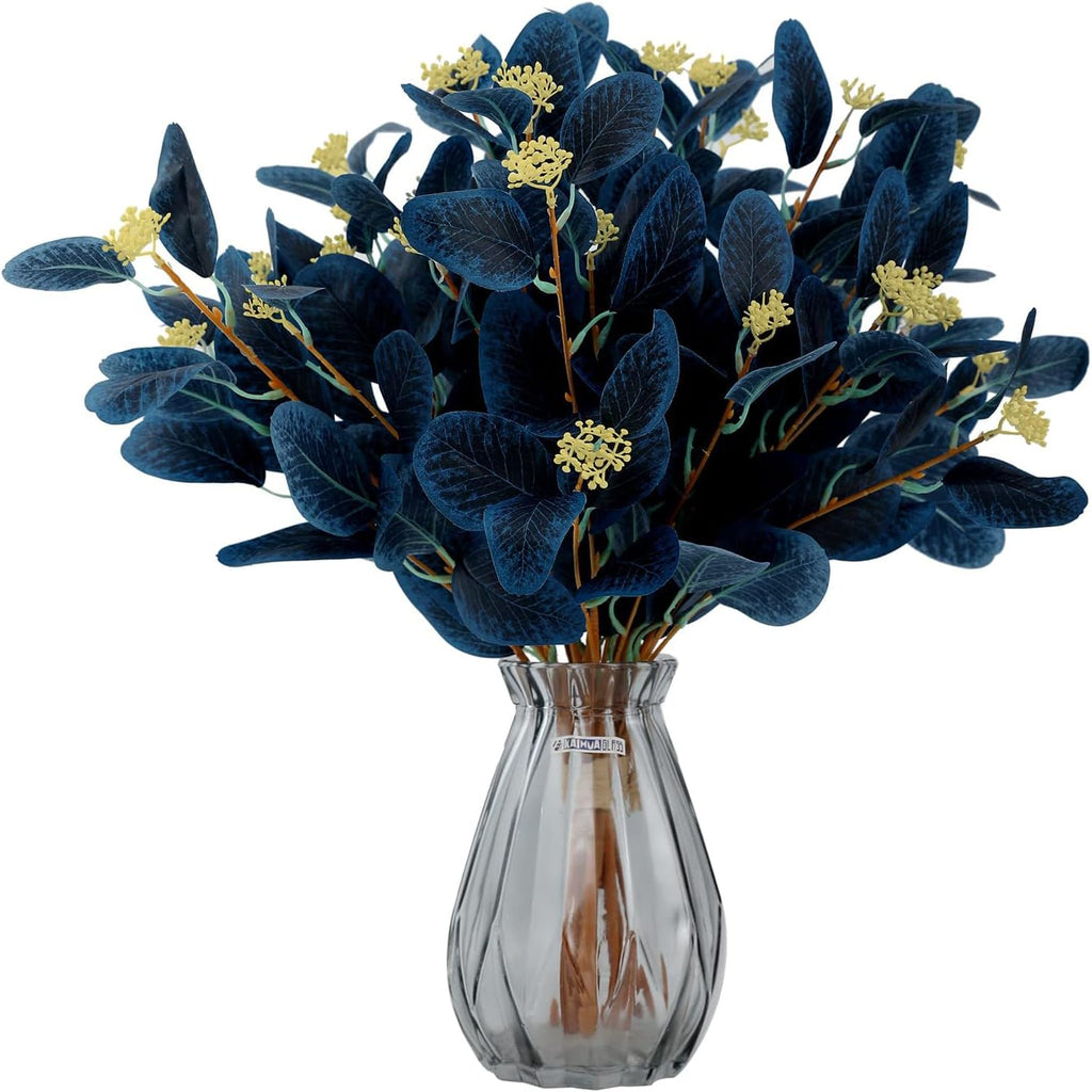 Navy Blue Artificial Eucalyptus Stems, 12Pcs20" Branches with Beige Berries