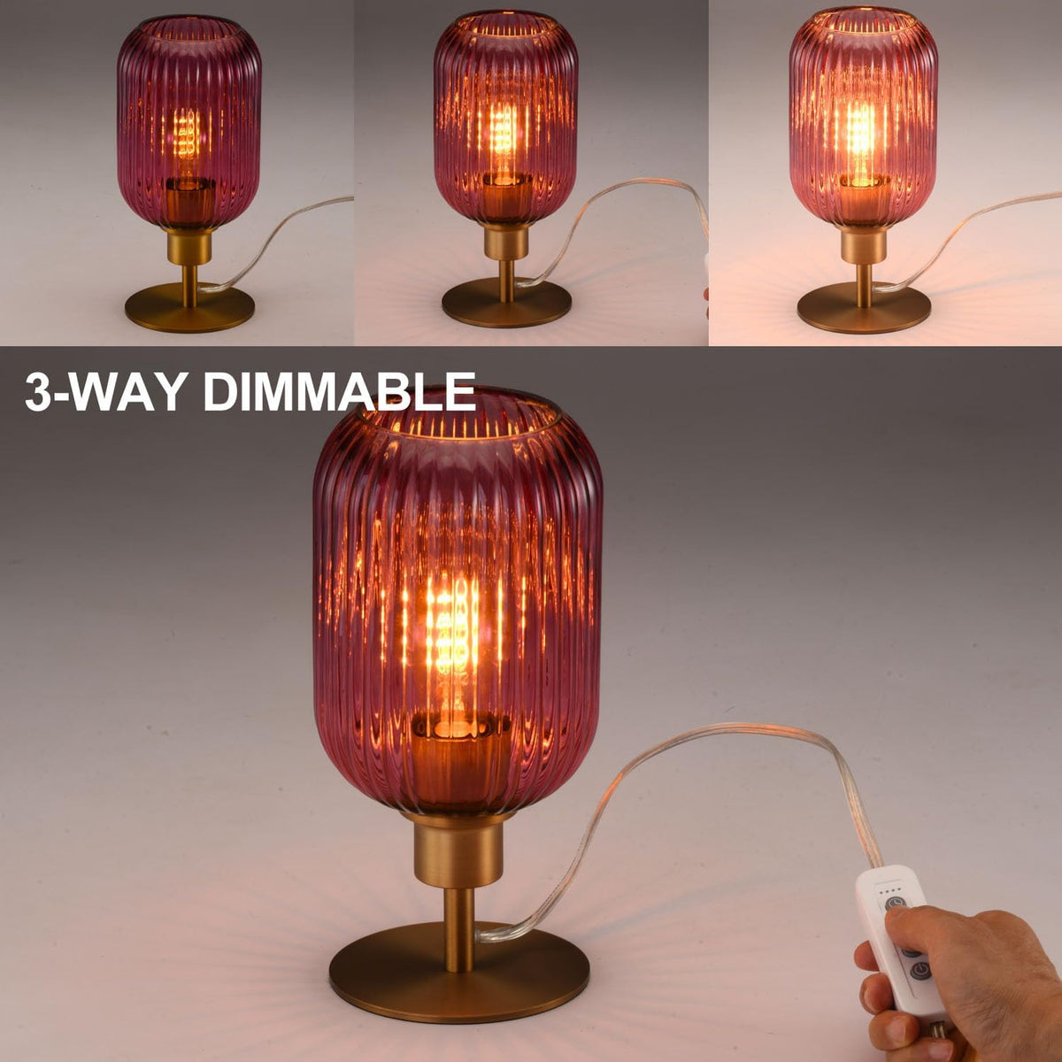 Mid Century Glass Table Lamp, Timer Build-In, Dimmable Desk Lamp, Purple